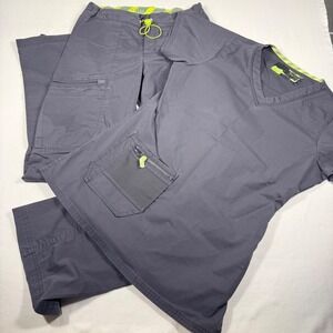 Antidote Scrub Set XS Charcoal Gray V-Neck Top Cargo Pants Neon Accents